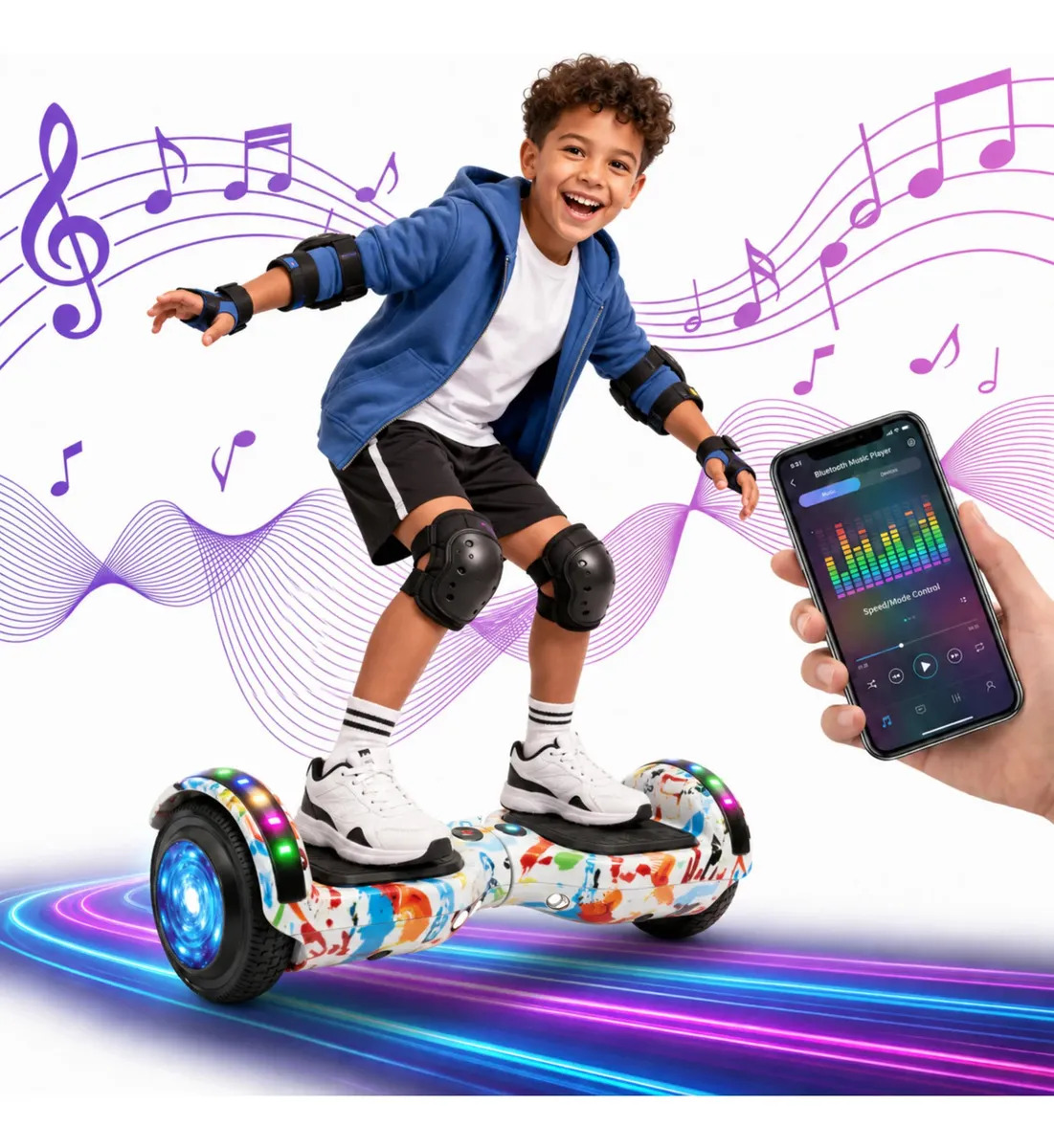 Hoverboard Skate Elétrico 6.5 Polegadas Com Led E Bluetooth Música Motor de 500W 36 V Branco