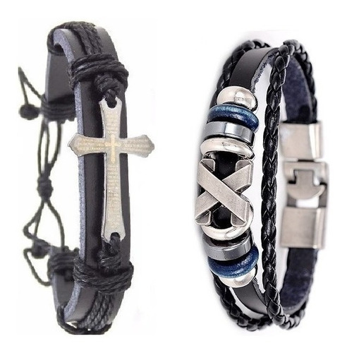 Pulseira Couro Masculina Pingente Cruz Pai Nosso + Bracelete Comprimento 18 cm Cor Preto Diâmetro 6 cm