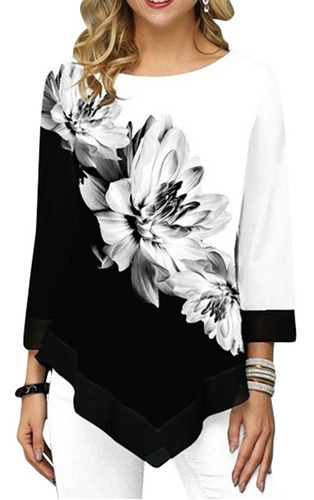 Blusa Estampada Floral Mujer Tallas Grandes Mangas 3/4 Negro