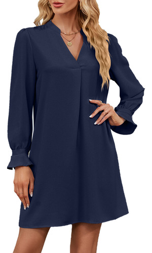Vestido Holgado De Manga Larga Con Cuello En V De Color Liso