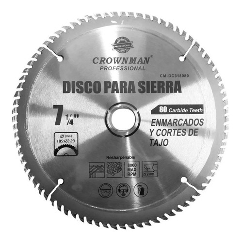 Disco De Corte Par Madera 80 Dientes 7 1/4 185mm. 8000 Rpm