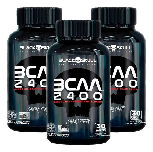 3x Bcaa 2400 Caveira Preta 30 Tabs - Black Skull
