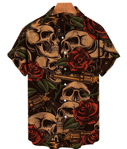 Polera Casual Hawaiana De Hombre Con Estampado De Calavera