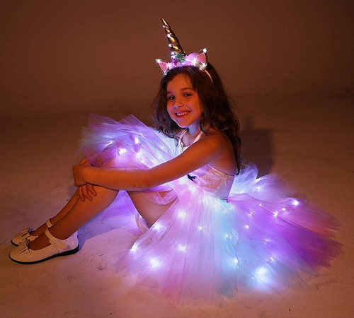 Vestido De Unicornio Led #3pcs For Niñas Con Luz Arcoíris