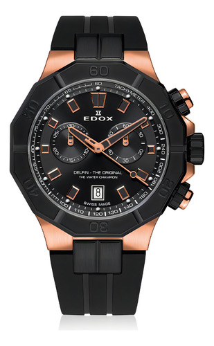 Reloj De Pulsera Edox 10113-37rnca-nir De Cuerpo Color Plateado, Analógico, Para Hombre, Fondo Negro, Con Correa De Caucho Color Negro, Dial Negro, Bisel Color Oro Rosa Y Hebilla Simple