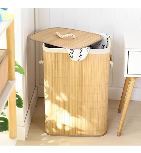 Cesto Roupa Suja Retangular Bambu Lavanderia 70l Cor