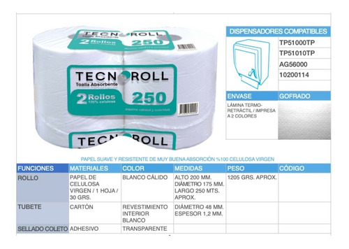 Imagen 2 de 4 de Toalla Papel Jumbo 250 Mt X 2 Rollos Tecnoroll Hoja Simple