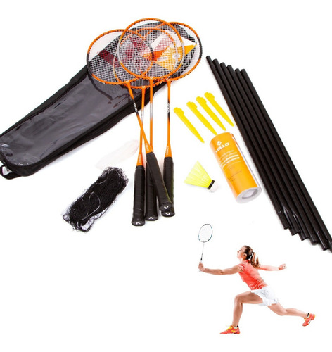 Kit Badminton Vollo 4 Raquetes 3 Petecas Rede Poste Completo