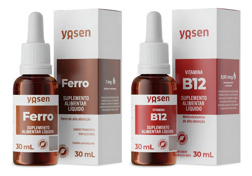 Ferro Líquido Ydrosolv® Yosen 30ml + Vitamina B12 Líquida Sabor Ferro Sabor Framboesa, B12 Sem Sabor