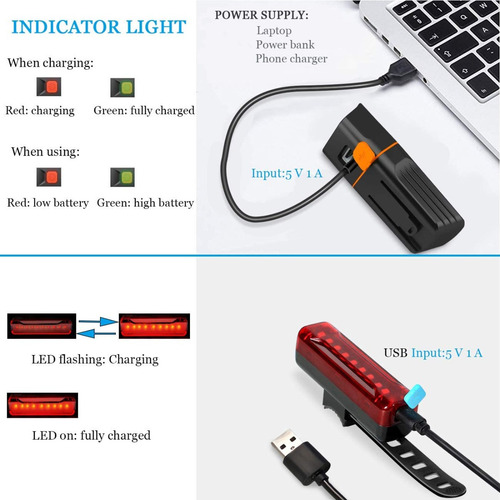 Imagen 4 de 7 de Luces Para Bicicleta Recargable 1000 Lm Con Luz Trasera