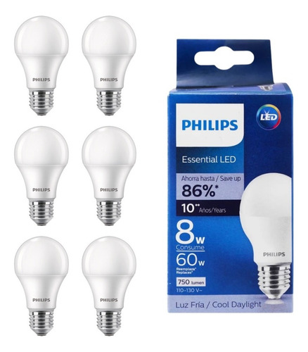 Foco Philips A19 E27 Led Essential 8w 100-130v 800lm 6500k Luz 6500