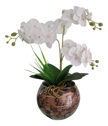 Arranjo Orquídea Branca 3 Flores De Silicone No Vaso Vidro