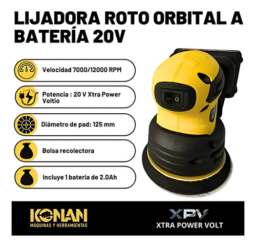 Lijadora Konan Roto Orbital A Batería 20v Xtra Power Volt Amarillo 50