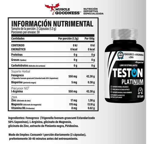Imagen 2 de 6 de Teston Platinum Advanced |fenogreco+ Arginina +zma | 60 Caps