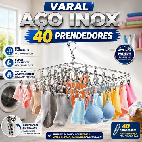 Varal Suspenso Para Roupas Íntimas em Aço Inox com 40 Prendedores Reforçado Slim
