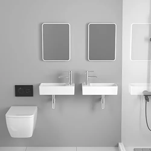 Juego de lavabo y grifo de cerámica para baño, fregadero pequeño blanco,  montaje en pared, fregadero de esquina, desagüe desplegable cromado  incluido