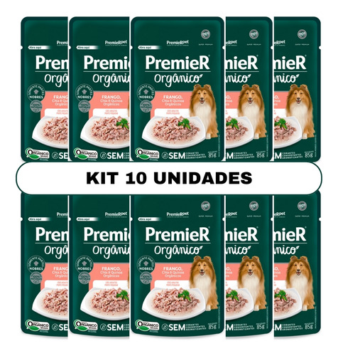 Kit 10un Sachê Premier Orgânico Cães Adultos Frango 85g