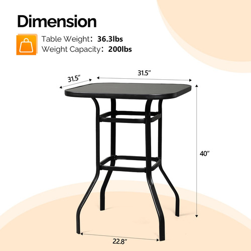 Mesa De Altura Para Patio Cuadrada De Metal Y Vidrio 81 Cm