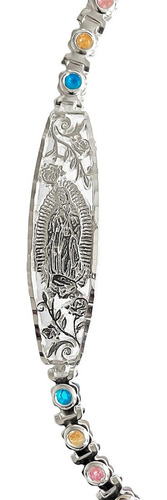 Pulsera Ajustable Placa Virgen Guadalupe Zirconias Plata 925 Color Pastel Diámetro 6 Cm