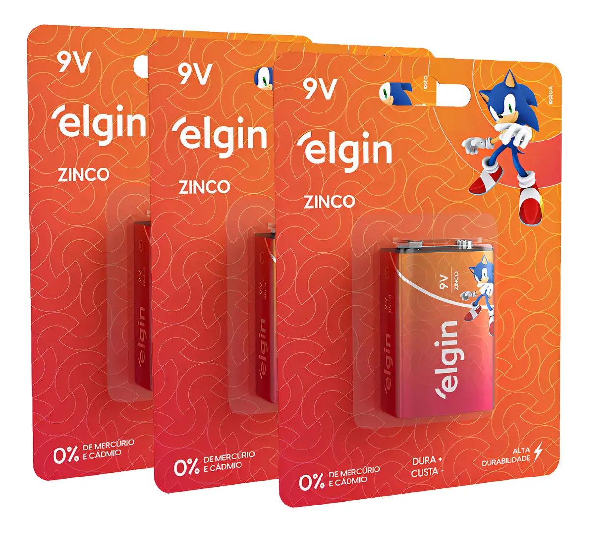 Pack 3 Pilhas 9V Zinco Carvão Elgin para Brinquedos e Rádios