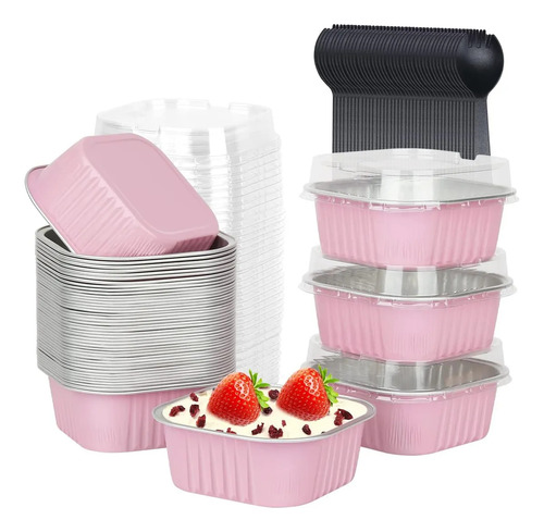 BANNA 50 Molde Para Tarta De Aluminio Desechable Con Tapa+cuchara,5 oz Mini Moldes para Tartas, Moldes Cuadrados de Foil para Tartas de Bodas, Fiestas y Cumpleaños, 9*9*3.5cm,Rosa