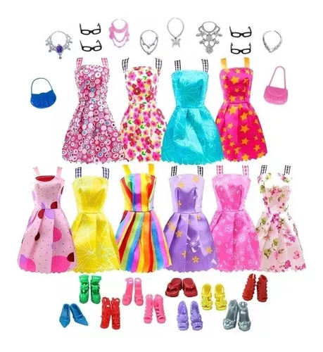 Roupa Boneca Para Barbier, Kit Com Roupas e Acessórios 42 Peças 8 vestidos  sortidos 10 pares de sapatos 4 óculos 8 colares 2 bolsas 2 cabides 2 tiaras