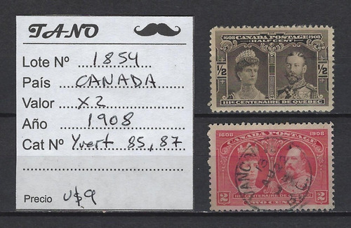 Lote1854 Canadá 2 Estampillas Antiguas Año 1908 Yvert#85,87