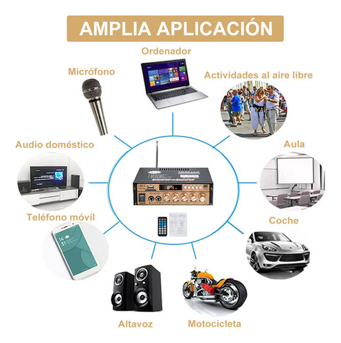 Amplificador De Audio Hifi Bluetooth Para Casa/auto Alta Fidelidad Aux/fm/tf/usb 2 Canales Con 2 Tomas De Micrófono Con Función De Echo Lujo Dorado