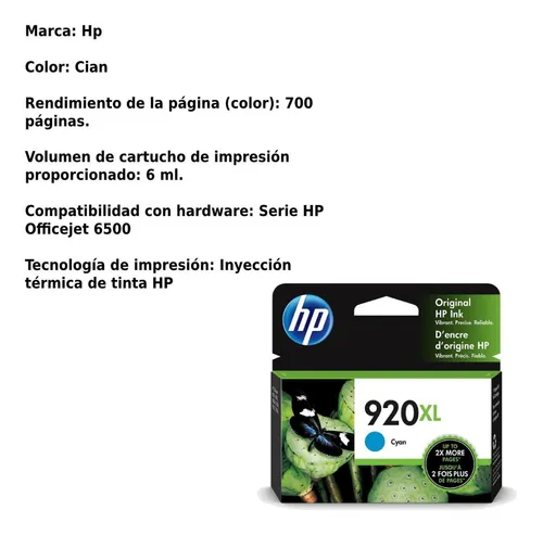 Cartucho De Tinta Hp 920xl Cian Original Cd972al