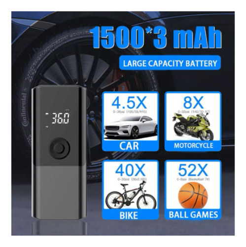 Mini Compresor Aire Electrico Recargable Auto Moto Bici Luz Negro 50/60 Monofásica