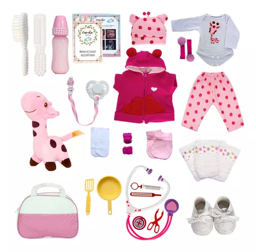 Boneca Bebe Reborn Girafinha Silicone 25 Itens Com Bolsa