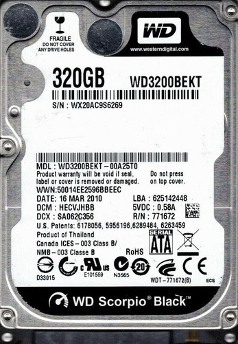 Disco duro interno Sata Scorpio Black WD3200bekt de 320 GB, color plateado