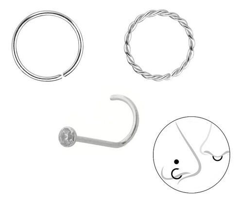 Kit Com 3 Piercing Argola E Piercing Nostril Prata 925 Nar10