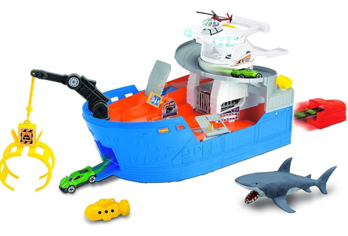 Barco De Juguete Con Accesorios Luz Y Sonido Color Azul Personaje Ataque De Tiburon