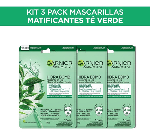 Kit Garnier 3 Mascarillas En Tela Té Verde Hidra Bomb