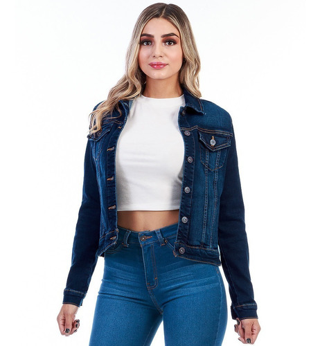 Imagen 3 de 5 de Chamarra De Mezclilla Stretch Mujer Ajustable Azul Oscuro