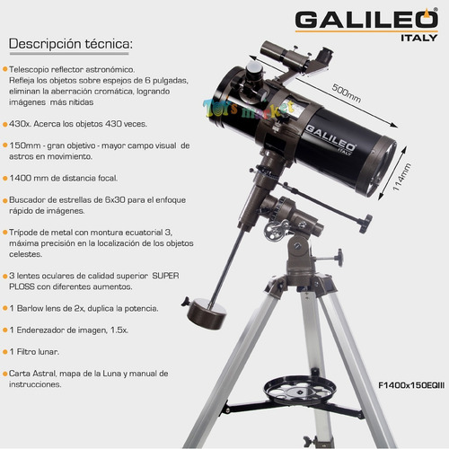 Imagen 3 de 8 de Telescopio Galileo Ecuatorial 1400x150 Reflector Aument 430x