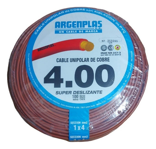 Cable Unipolar Argenplas 4mm Normalizado X Rollo 100mts