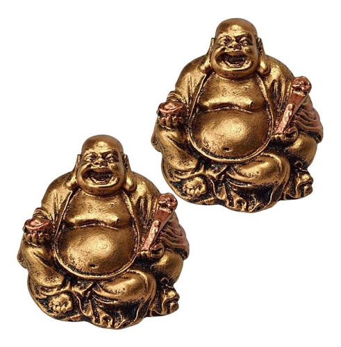 Kit 2 Buda Chines Sorridente Fortuna Riqueza Zen Dourado 5cm