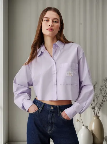 Camisa Woven Label Cropped Morado Calvin Klein