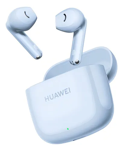 Par de fones de ouvido Huawei Freebuds SE 2 na cor azul claro flutuando acima do estojo de carregamento aberto