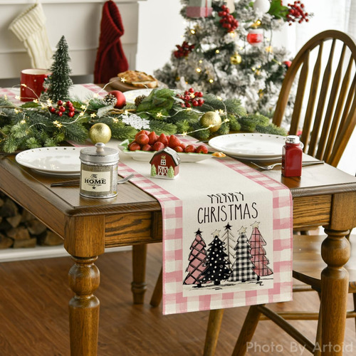 Camino De Mesa Cuadros Rosas Arboles De Navidad 33 X 152 Cm Multicolor Navideño