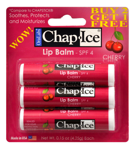 Chap-ice Spf 4premium Blsamo De Labios, Cherry Cereza, 3pack