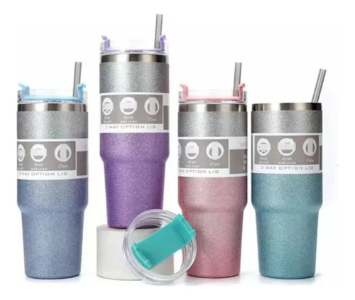Copo Térmico Com Tampa E Canudo 890ml Com Glitter Brilho