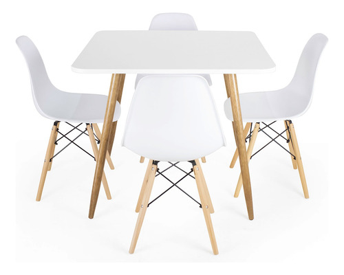 Mesa Quadrada  90cm Com 4 Cadeiras Brancas Eames Eiffel