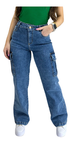 Calça Jeans Wide Leg Cargo Lycra Bolso Lateral Cintura Alta