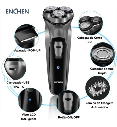 Barbeador Bivolt Rotativo Xiaomi Enchen Blackstone 3d Semfio Cinza-escuro