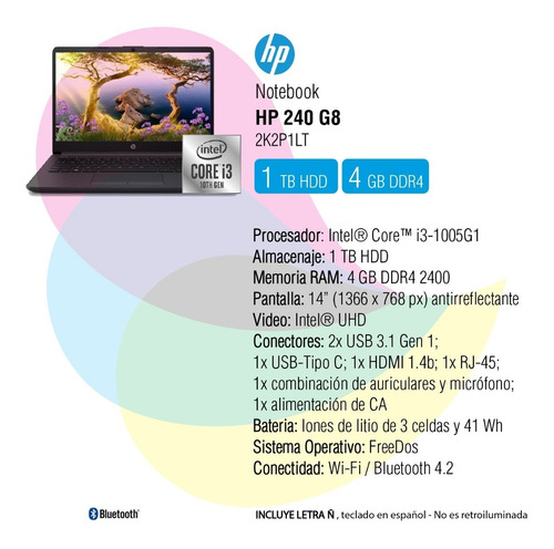 Imagen 2 de 8 de Notebook Hp 240 G8 14 I3-1005g1 4gb 1tb Freedos