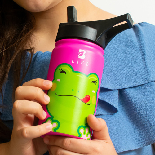 Termo De Agua Para Niños 355 Ml Con Popote Y Asa. B Life Color Rana