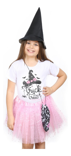 Halloween-conjunto Nena Remera, Tutú Gorro  Bolsa Golosinera